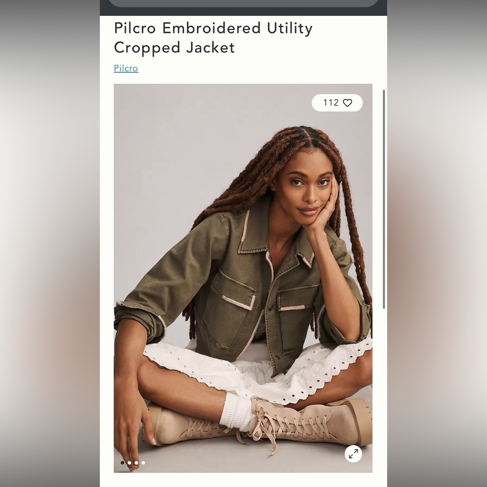 (Anthropologie) Pilcro Green Cropped Utility Jacket With Embroidery  (L)